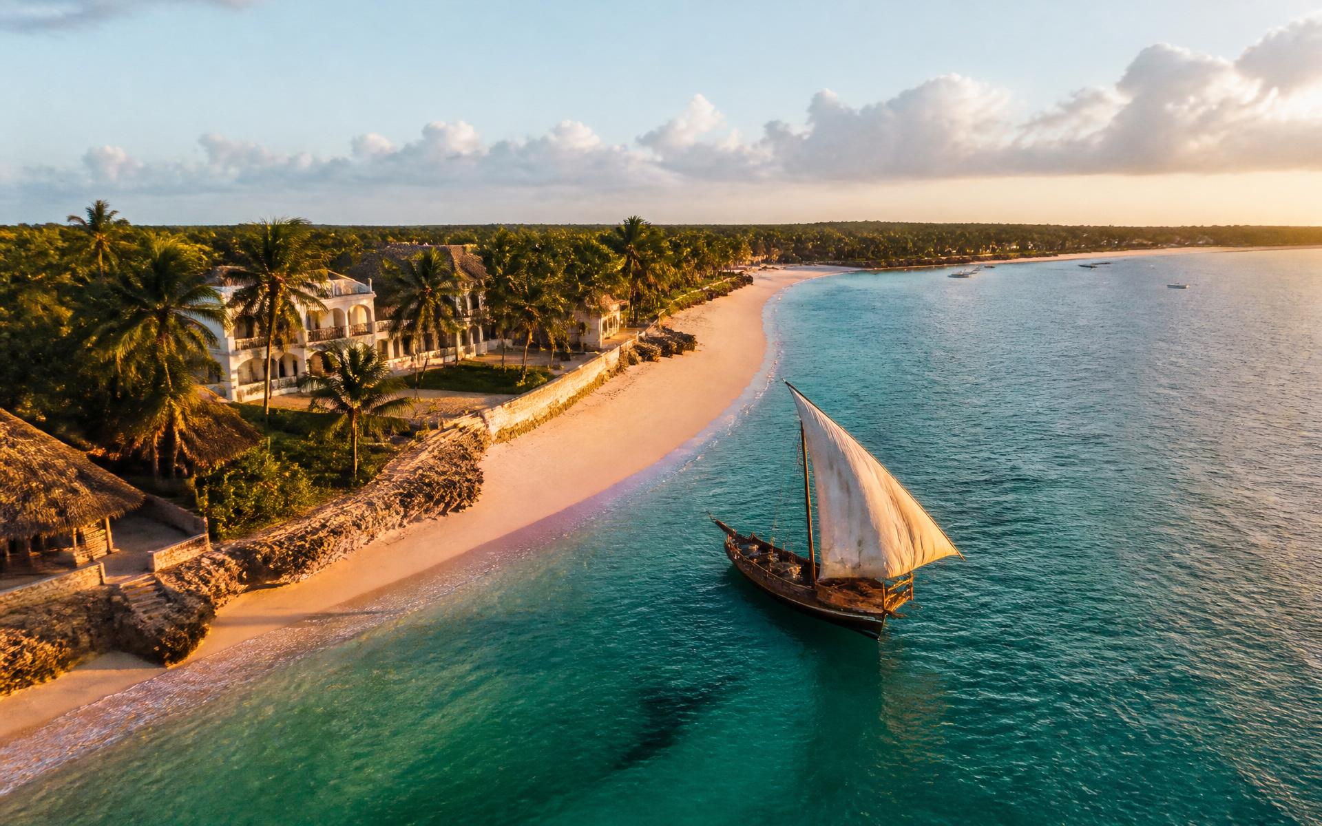 Aerial view of Lamu coastline with dhow